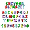 Funny cartoon alphabet. Multicolored capital letters and numbers set. Royalty Free Stock Photo