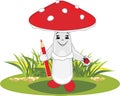 Funny cartoon amanita with a red pencil and a ladybird in his hands