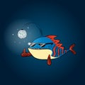Funny cartoon anglerfish.Angler fish in sunglasses.Vector illustration Isolated.Sea fish.Anglerfish on dark background. Royalty Free Stock Photo