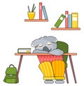 Funny cartoon animal student. Koala schoolboy sitting and sleeping at a desk in the classroom Royalty Free Stock Photo
