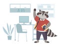 Funny cartoon animal student. Lovely cute raccoon schoolboy with notebook is waving his hand Royalty Free Stock Photo