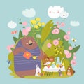 Funny cartoon animals drinking tea in bushes of roses