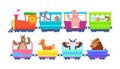 Funny cartoon animals rides in cartoon trains Royalty Free Stock Photo