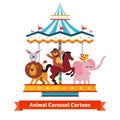 Funny cartoon animals riding on carnival carousel