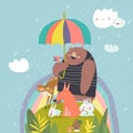 Funny cartoon animals under umbrella. Happy summer