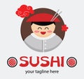 Funny cartoon asian man in cone hat. Japanese food advertisement concept. Japanese vector mascot. Sign for a sushi shop or Royalty Free Stock Photo