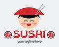 Funny cartoon asian man in cone hat. Japanese food advertisement concept. Japanese vector mascot. Sign for a sushi shop or Royalty Free Stock Photo