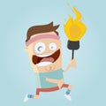 Funny cartoon athlete with torch