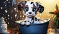 Funny cartoon of baby Dalmatian dog taking a bath, for illustrations for children. AI generated Royalty Free Stock Photo