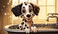 Funny cartoon of baby Dalmatian dog taking a bath, for illustrations for children. AI generated Royalty Free Stock Photo