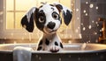 Funny cartoon of baby Dalmatian dog taking a bath, for illustrations for children. AI generated Royalty Free Stock Photo