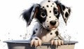 Funny cartoon of baby Dalmatian dog taking a bath, for illustrations for children. AI generated Royalty Free Stock Photo