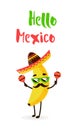 Funny cartoon banana in a Mexican hat and mustache. Hola amigo. Summer card. Flat style. Vector illustration