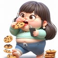 Funny cartoon for a beautiful and colorful chubby girl eating a cookie. AI generated Royalty Free Stock Photo