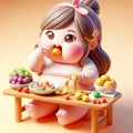 Funny cartoon for a beautiful and colorful chubby girl eating fruit. AI generated Royalty Free Stock Photo