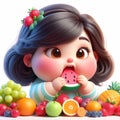 Funny cartoon for a beautiful and colorful chubby girl eating fruit. AI generated Royalty Free Stock Photo