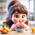 Funny cartoon for a beautiful and colorful chubby girl eating fruit. AI generated Royalty Free Stock Photo