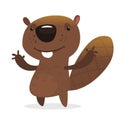 Funny cartoon beaver waving with his hands. Brown beaver mascot. Vector illustration.