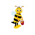 Funny cartoon bee stands with bucket of honey. Cute bee holding honey. Royalty Free Stock Photo