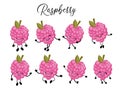 Funny cartoon berries. Raspberry character. Set of poses