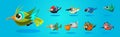 Funny Cartoon Birds Flying with Wings Side View Vector Set