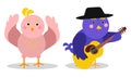 Funny Cartoon Birds Tweeting and Playing Guitar Vector Set Royalty Free Stock Photo