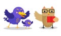 Funny Cartoon Birds Tweeting and Reading Book Vector Set Royalty Free Stock Photo
