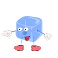 Funny cartoon blue ice cube with eyes, hands and feet in shoes, teasing showing tongue