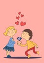 Funny cartoon boy gives a girl a ring with a big diamond, vector illustration