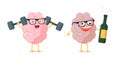 Funny cartoon brain character pair healthy vs unhealthy. Comparison human anatomy internal organ mascot happy clever Royalty Free Stock Photo