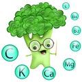 Funny cartoon broccoli in glasses with Information about nutrients Royalty Free Stock Photo