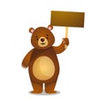 Funny cartoon brown grizzly teddy bear with wooden board Royalty Free Stock Photo