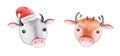 Funny cartoon bull or cow watercolor illustration set. Hand drawn 2 funny zodiac symbols of 2021new year. Cartoon bulls portrait.