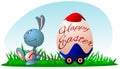 Funny cartoon bunny carrying a big Easter egg, vector