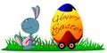 Funny cartoon bunny carrying a big Easter egg, vector