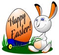 Funny cartoon bunny carrying a big Easter egg, vector illustration