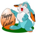 Funny cartoon bunny holding a big easter egg, vector illustration