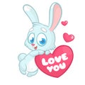 Funny cartoon bunny rabbit with heart and text Love You. Vector Illustration Royalty Free Stock Photo