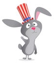 Funny cartoon bunny rabbit wearing Uncle Sam hat. Domestic hare character design for American Independence Day. Vector