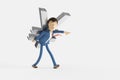 Funny cartoon businessman carrying the yen symbol and pointing forward.