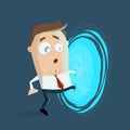 Funny cartoon businessman enters another dimension using a portal Royalty Free Stock Photo