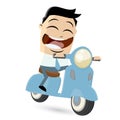 Funny cartoon businessman is riding a scooter