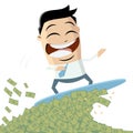 funny cartoon businessman surfing on money wave