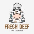 Funny cartoon butcher shop mascot. Happy Cow chef holding a fork and knife. Design for print, emblem, t-shirt, party decoration,