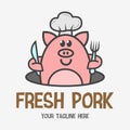 Funny cartoon butcher shop mascot. Happy Pig chef holding a fork and knife. Fresh pork sign. Design for print, emblem, t-shirt,