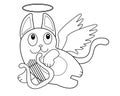 Funny cartoon cat with angel wings, a nimbus and a harp. Cat angel playing the lyre in flight. Funny cute cat - cupid - vector Royalty Free Stock Photo