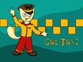 Funny cartoon cat hand-drawn on a green background. Taxi driver. Vector Royalty Free Stock Photo