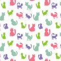 Funny cartoon cat and lettering and abstract elements pattern on white background. Vector illustration pattern of pretty kitty