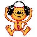 Funny cartoon cat-music lover listens to music with headphones. Orange kitty enjoying the music