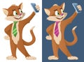 Funny cartoon cat in a tie making selfie.